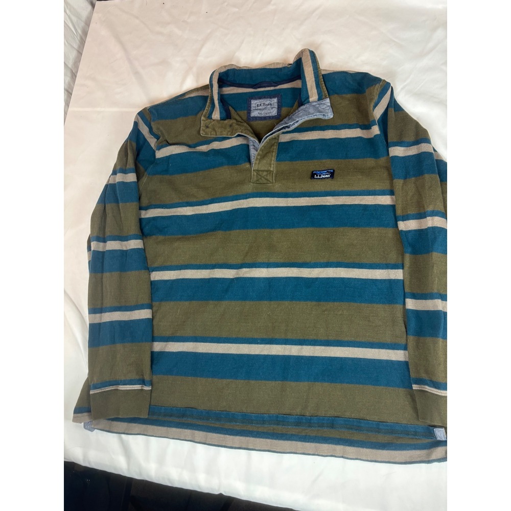 LL Bean Mens XXL Tall Rugby Polo Shirt Long Sleeve Striped Green Blue Cotton
